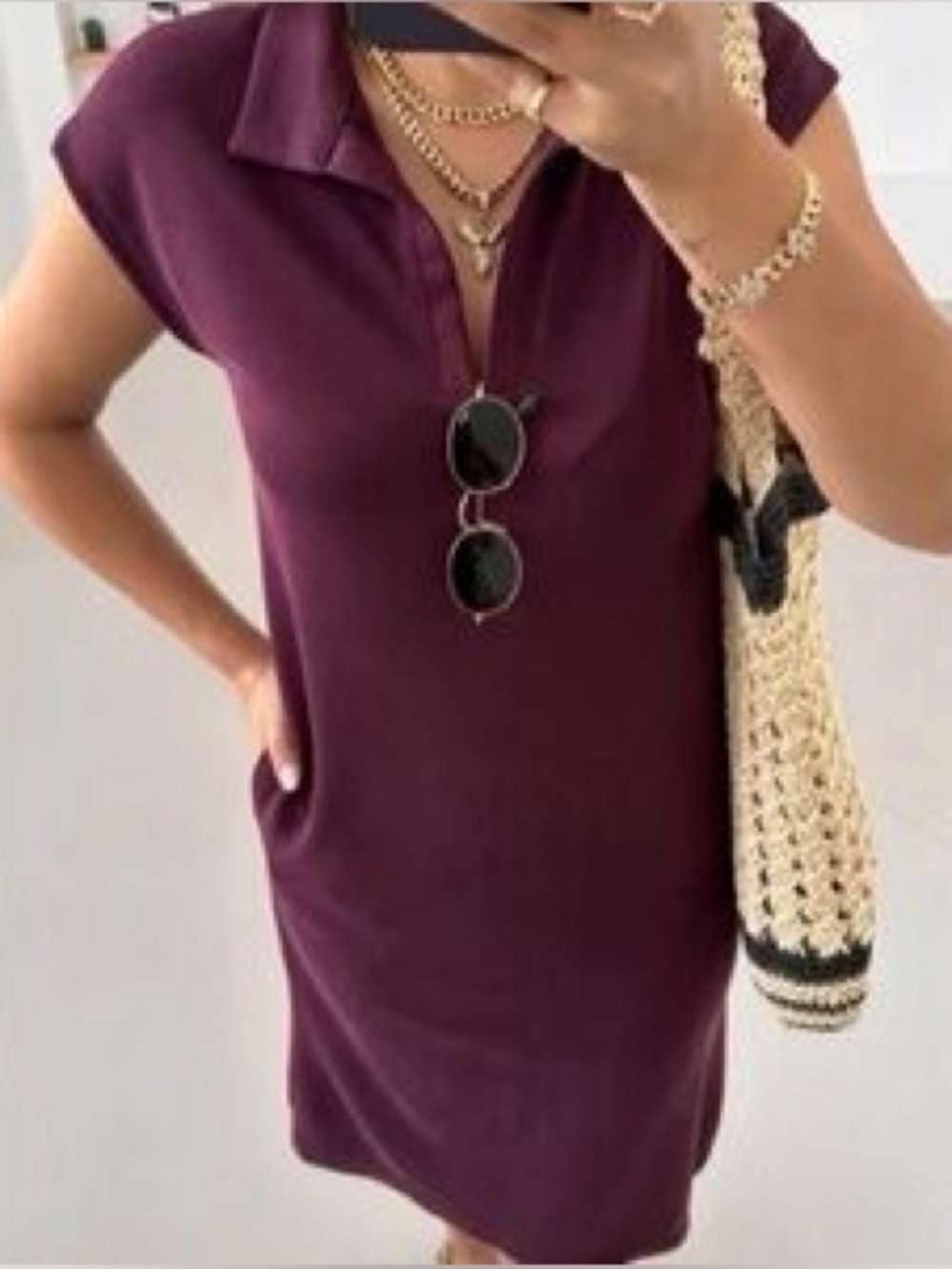 FRANK & EILEEN Deep Plum Purple Shirt Dress Casual L Midi Short Sleeve Collar
